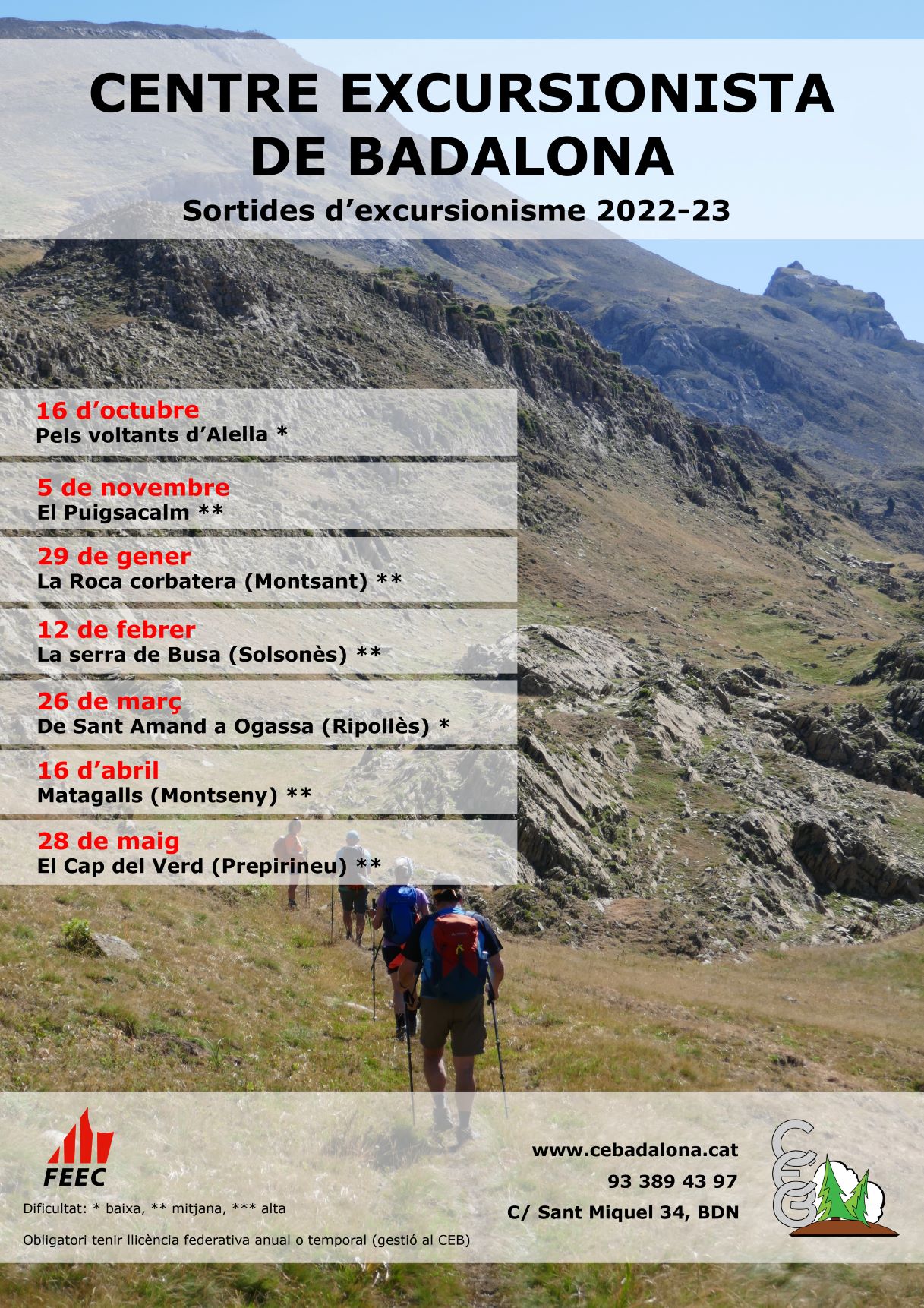 Calendari Sortides Excursionisme 2022-2023
